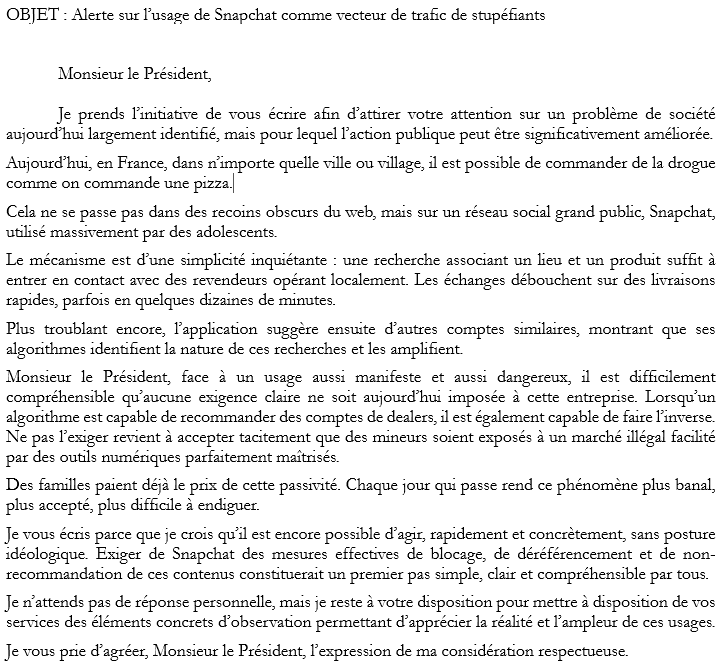 Copie de ma lettre au président de la République Emmanuel Macron pour dénoncer l’usage détourné de Snapchat.